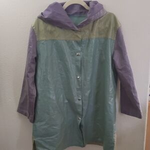 Roxy Wells Rare Hooded Linen Raincoat Patchwork Abstract Art 60's Boho M